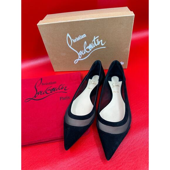 Christian Louboutin Galativi Black Suede Mesh Pointed Flat Shoes Size EU 38  US